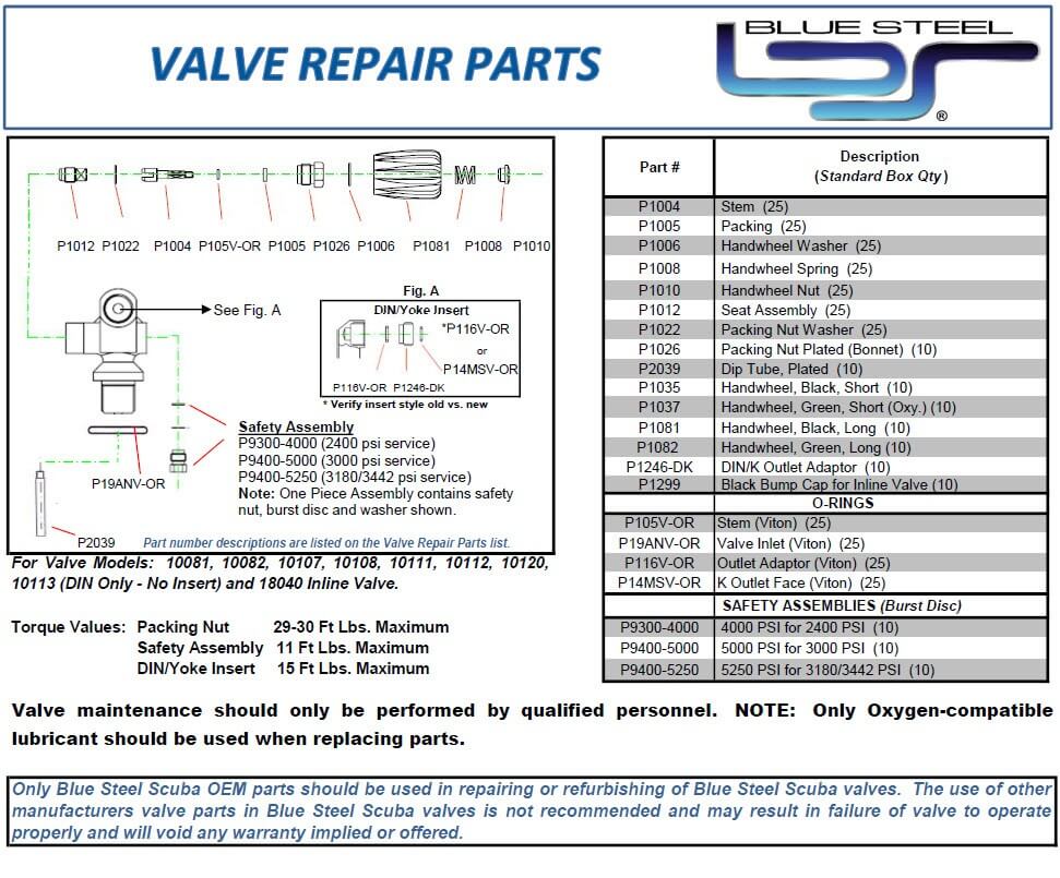 Blue Steel Scuba - Valve Repair Parts